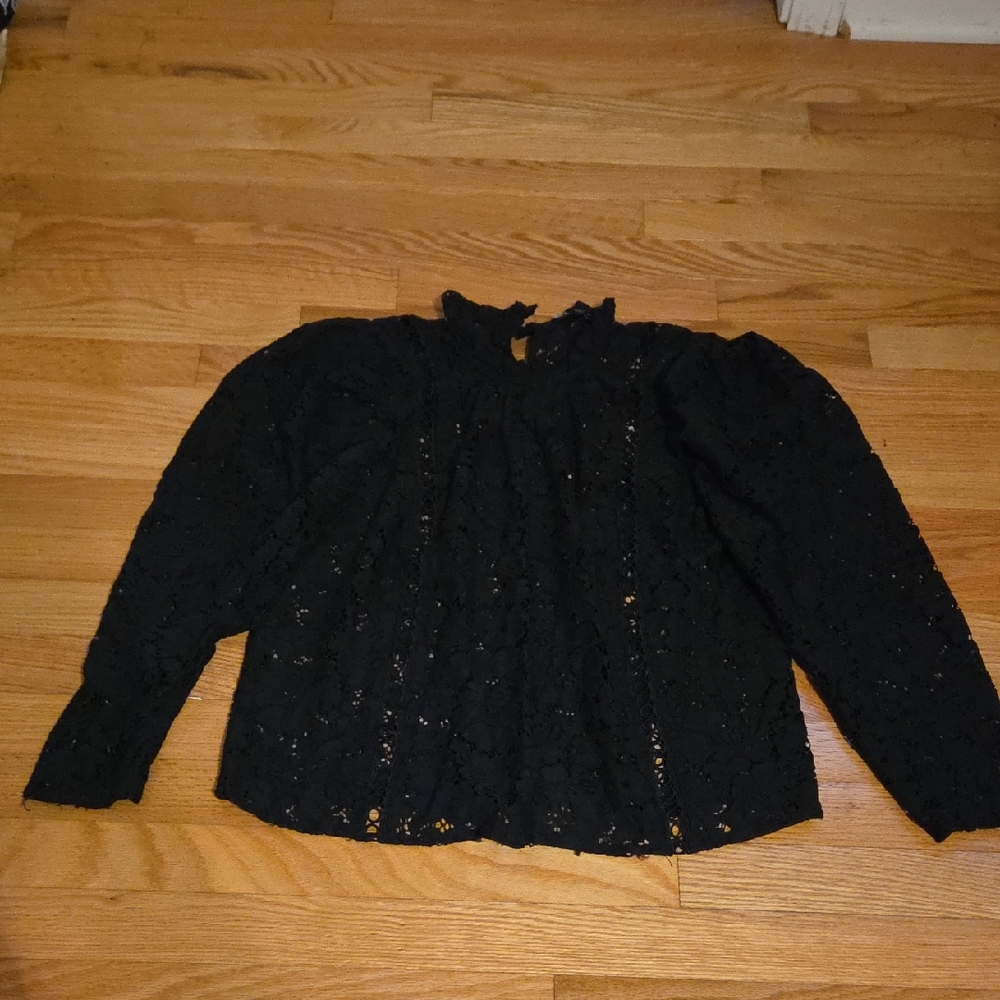 Express Black Relaxed Ruffled Long Sleeve Blouse